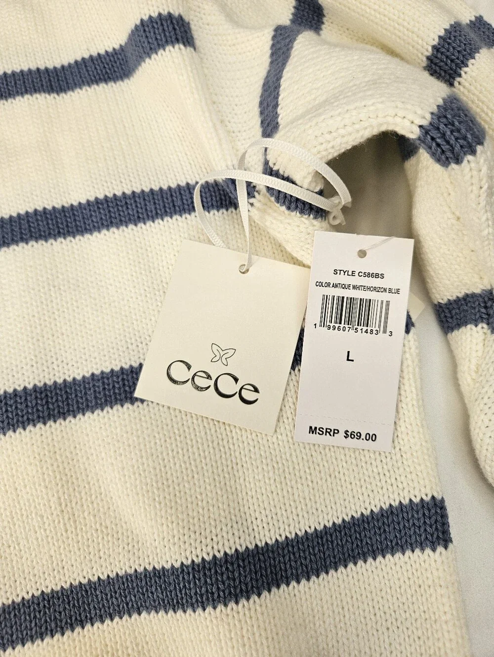 Cece Cream and Periwinkle Blue Striped Crewneck Sweater